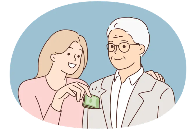 Trickreiche Frau nimmt alten Mann Geld aus der Tasche  Illustration