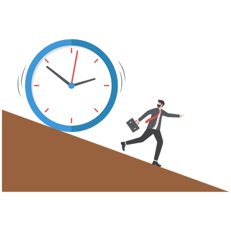 Tried businessman running away from falling rolling huge clock down hill  Illustration