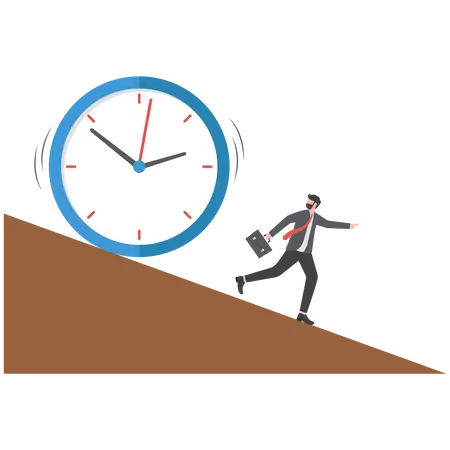 Tried businessman running away from falling rolling huge clock down hill  Illustration