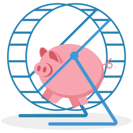 Tried piggy bank running in rat race wheel  Illustration