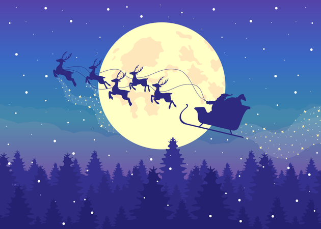 Trineo de Papá Noel con silueta de renos en el cielo nocturno  Ilustración