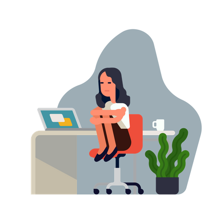 Femme de bureau triste et déprimée sur son lieu de travail, assise sur une chaise, tenant ses genoux  Illustration