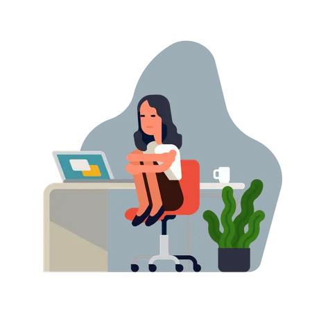 Femme de bureau triste et déprimée sur son lieu de travail, assise sur une chaise, tenant ses genoux  Illustration