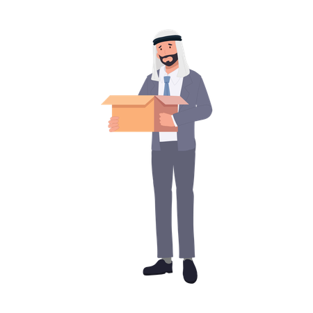 Triste empresario árabe caja de embalaje en el último día de trabajo  Ilustración