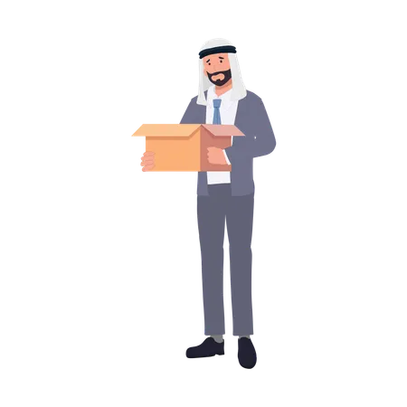 Triste empresario árabe caja de embalaje en el último día de trabajo  Ilustración