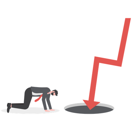 Empresário triste com queda na crise financeira do gráfico de seta vermelha  Ilustração