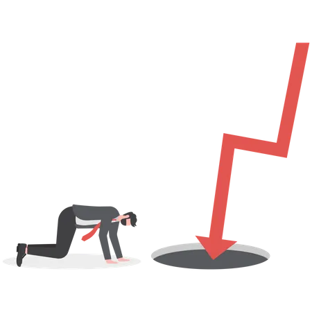 Empresário triste com queda na crise financeira do gráfico de seta vermelha  Ilustração