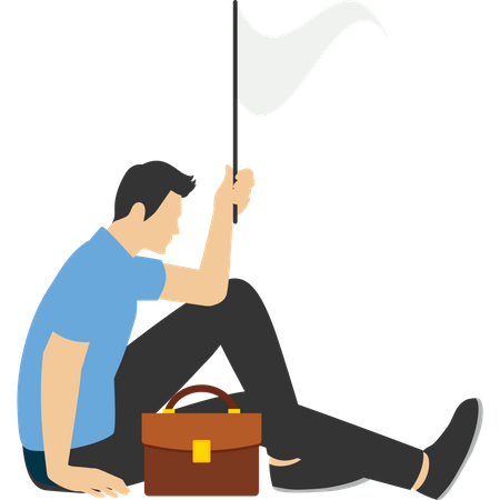 Triste hombre de negocios renunciando a ondear la bandera blanca pidiendo ayuda  Ilustración