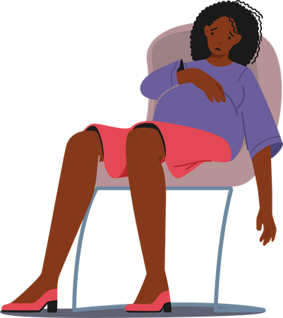 Femme enceinte triste avec un gros ventre assise sur une chaise avec un visage bouleversé  Illustration