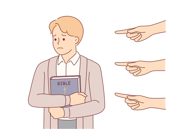 Triste hombre cristiano con la Biblia sintiendo persecución y opresión por parte de personas que señalan con el dedo  Ilustración