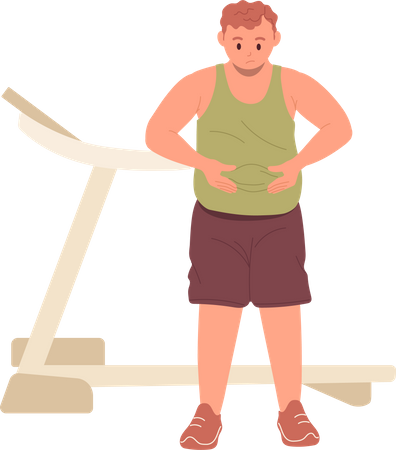 Triste e infeliz homem gordo com excesso de peso tocando sua barriga obesa em pé sobre a máquina de esteira  Ilustração
