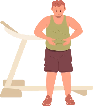 Triste e infeliz homem gordo com excesso de peso tocando sua barriga obesa em pé sobre a máquina de esteira  Ilustração