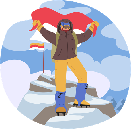 Triumphant Climber Stands On A Mountain Peak  Illustration