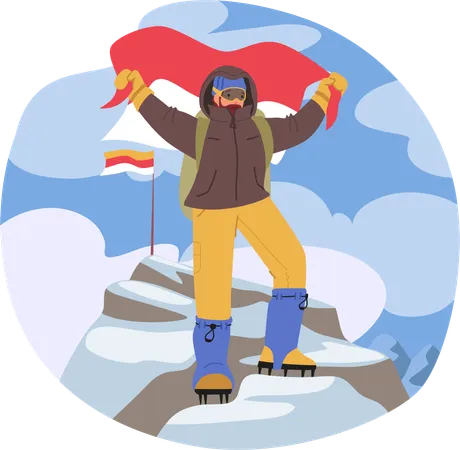 Triumphant Climber Stands On A Mountain Peak Proudly Waving Red Flag Conquering The Summit With Determination And Resilience Against The Breathtaking Backdrop Of Nature Grandeur Vector Illustration 일러스트레이션