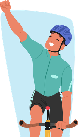 Triumphant Cyclist Character Exuberantly Raised A Victorious Fist, Beaming With A Radiant Smile, Embodying The Sheer Joy  Illustration