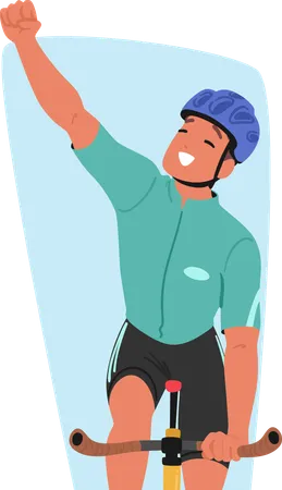 Triumphant Cyclist Character Exuberantly Raised A Victorious Fist, Beaming With A Radiant Smile, Embodying The Sheer Joy  Illustration