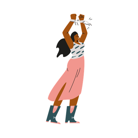 Triumphant woman breaking chains  Illustration