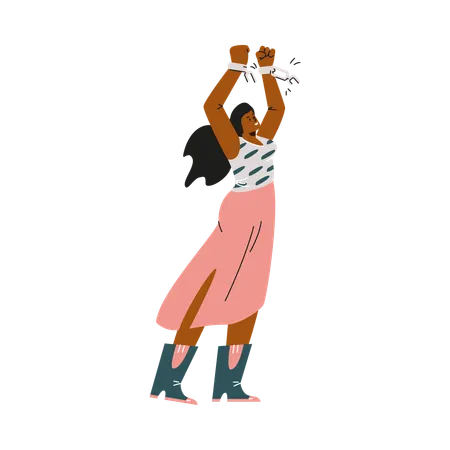 Triumphant woman breaking chains  Illustration