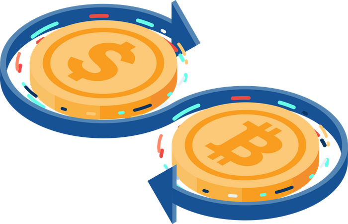 Troca entre moedas de dólar e Bitcoin  Ilustração