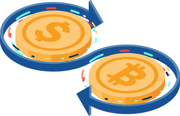 Troca entre moedas de dólar e Bitcoin  Ilustração