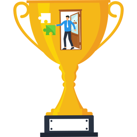 Trofeo con empresario y piezas de rompecabezas: concepto de éxito y logro  Ilustración