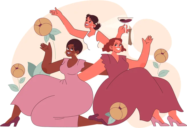 Trois demoiselles d'honneur jubilatoires célébrant la fête de la mariée  Illustration