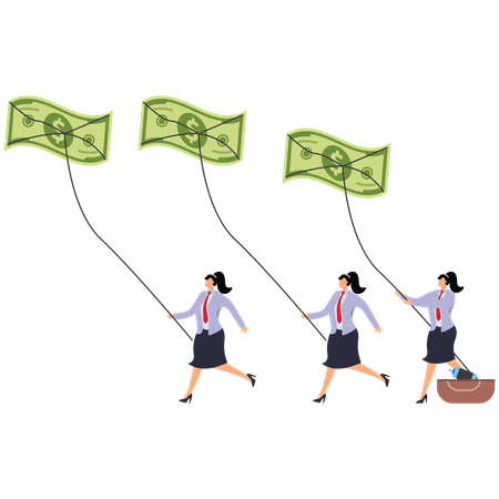 Trois femmes d'affaires tentent de faire voler un cerf-volant de billets  Illustration