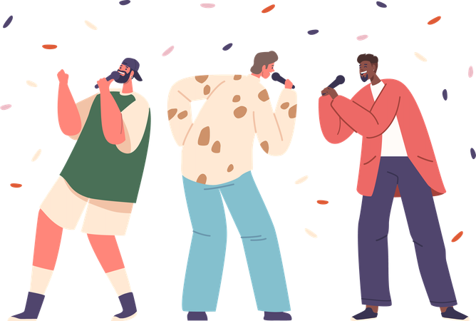 Trois hommes chantent passionnément au karaoké  Illustration