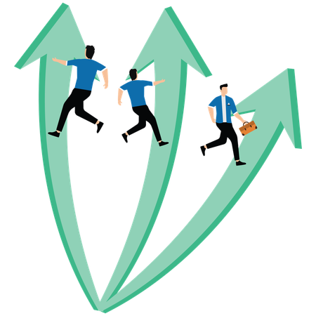 Trois hommes d'affaires courent sur trois flèches montantes  Illustration