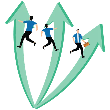 Trois hommes d'affaires courent sur trois flèches montantes  Illustration