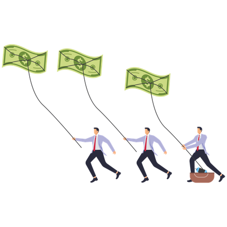 Trois hommes d'affaires tentent de faire voler un cerf-volant de billets  Illustration