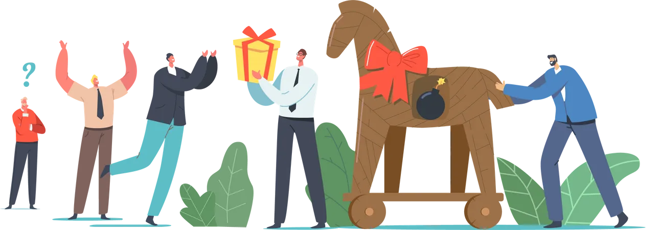 Trojan Horse Concept Business Man Character Giving Gift In Shape Of Horse With Burning Bomb Inside To Colleagues Or Competitors Corporate Espionage Meanness Cartoon People Vector Illustration Illustration