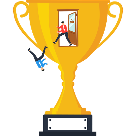 Trophy with a businessman entering a door another falling representing success and failure  Illustration