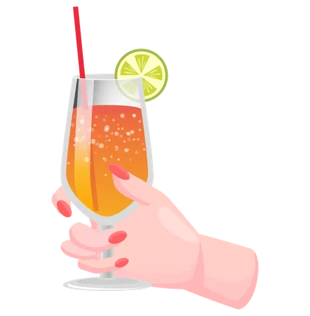 Tropical alcoholic cocktail with ice and lemon  Illustration