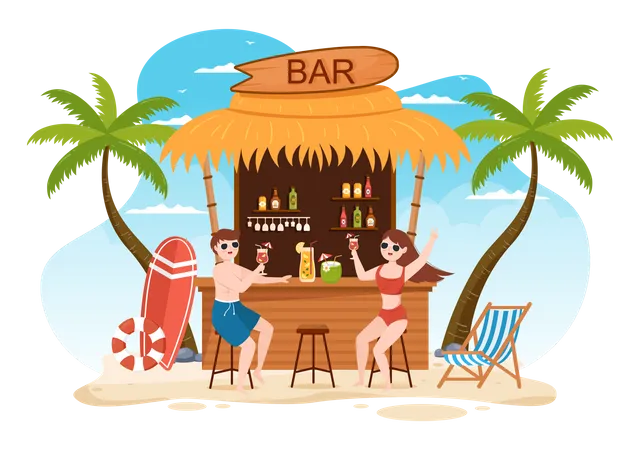 Tropical Cocktail Bar Serving Alcoholic Fruit Juice Drinks  Illustration