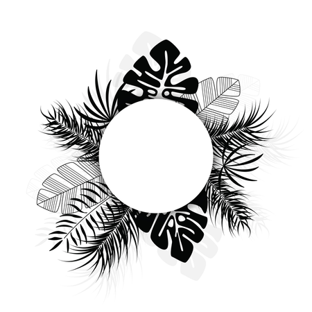 Tropical design with black palm leaves and plants on white background with place for text  Illustration