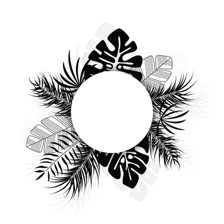 Tropical design with black palm leaves and plants on white background with place for text Illustration