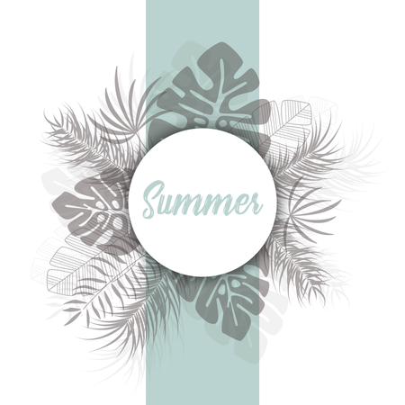 Tropical design with dark palm leaves and plants on white background with text Summer Illustration