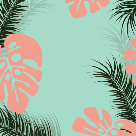 Tropical design with monstera palm leaves and plants on green background Illustration