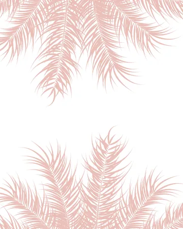 白い背景にピンクのヤシの葉と植物をあしらったトロピカルなデザイン  イラスト