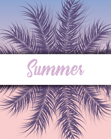 Tropical design with purple palm leaves and plants on gradient background with text  Illustration