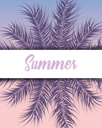 Tropical design with purple palm leaves and plants on gradient background with text Illustration