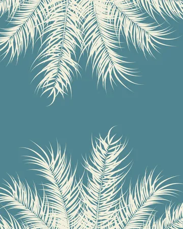 青い背景にバニラのヤシの葉と植物をあしらったトロピカルなデザイン  イラスト