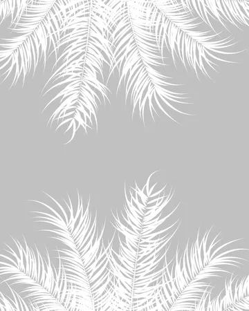 灰色の背景に白いヤシの葉と植物をあしらったトロピカルなデザイン  イラスト