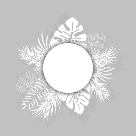 灰色の背景に白いヤシの葉と植物、テキスト用のスペースがあるトロピカルなデザイン  イラスト