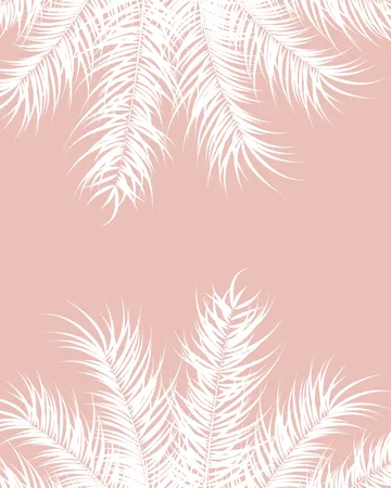 ピンクの背景に白いヤシの葉と植物をあしらったトロピカルなデザイン  イラスト