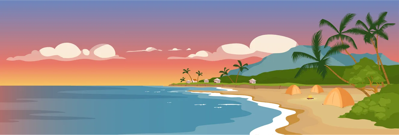 Tropical Sandy Beach Flat Color Vector Illustration Wild Sea Shore And Palm Trees Marine Town Panoramic View Summer Camping Tents On Ocean Coast 2 D Cartoon Landscape With Sunset Sky On Background Illustration