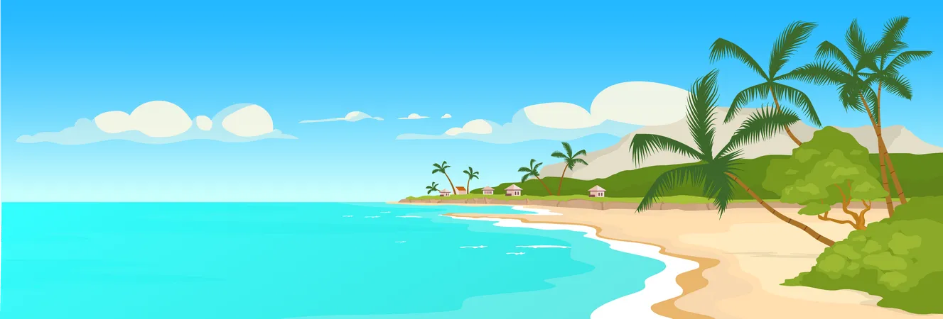 Tropical Sandy Beach Flat Color Vector Illustration Wild Sea Shore And Palm Trees Scene Marine Town Panoramic View Summer Recreation Exotic Paradise 2 D Cartoon Landscape Ocean Coast On Background Illustration