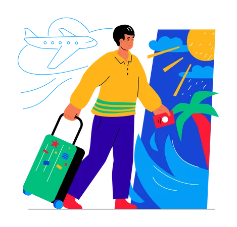 Tropical Vacation Modern Colorful Flat Design Style Illustration On White Background Scene With Man Going To Board A Flight With Suitcase And Passport In Hands Fly To The Island Summer Vacation Illustration