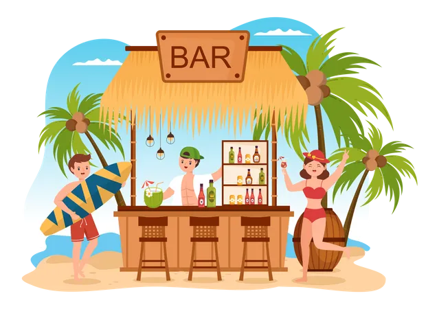Tropische Cocktailbar Mit Alkoholischen Fruchtsaftgetranken Oder Cocktails Am Meer Auf Einer Flachen Handgezeichneten Cartoon Vorlage Illustration